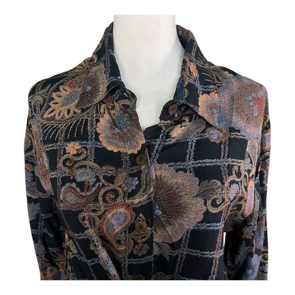 Scared Threads Boho Long Sleeve Black/Blue Floral Button Down Shirt dress M New - Picture 3 of 9